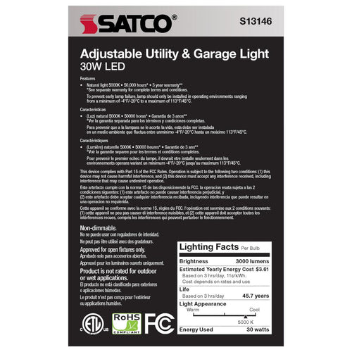 Satco S13146 30W/LED/UTL/MB/5000K LED Garage Utility Light