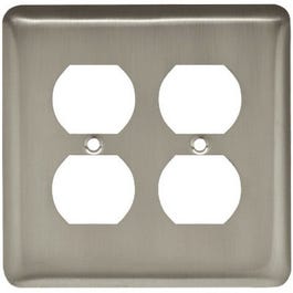 Duplex Wall Plate, 2-Gang, Stamped, Round, Satin Nickel Steel